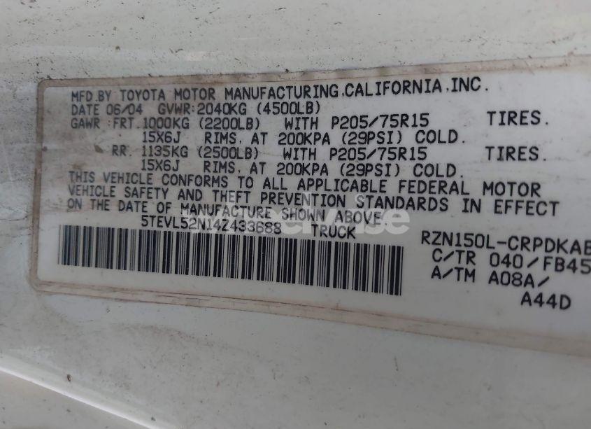 Photo 9 of 2004 Toyota Tacoma (VIN 5TEVL52N14Z433688)