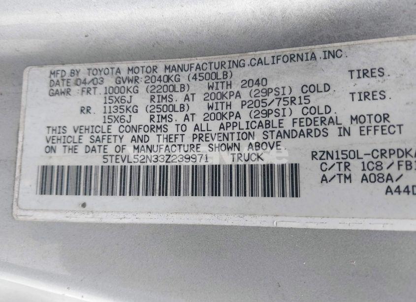 Photo 9 of 2003 Toyota Tacoma (VIN 5TEVL52N33Z239971)