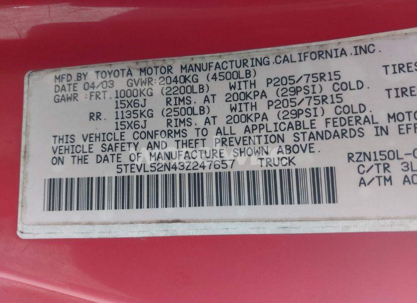 Photo 9 of 2003 Toyota Tacoma (VIN 5TEVL52N43Z247657)