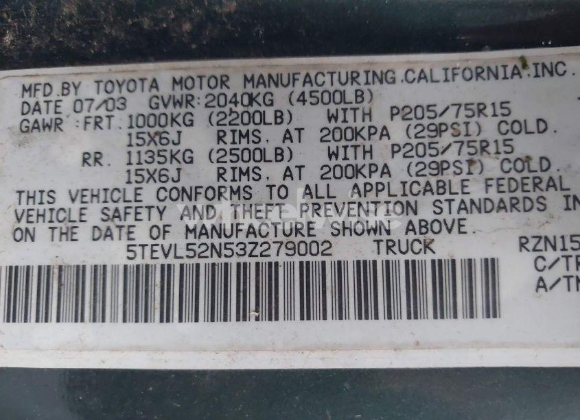 Photo 9 of 2003 Toyota Tacoma (VIN 5TEVL52N53Z279002)