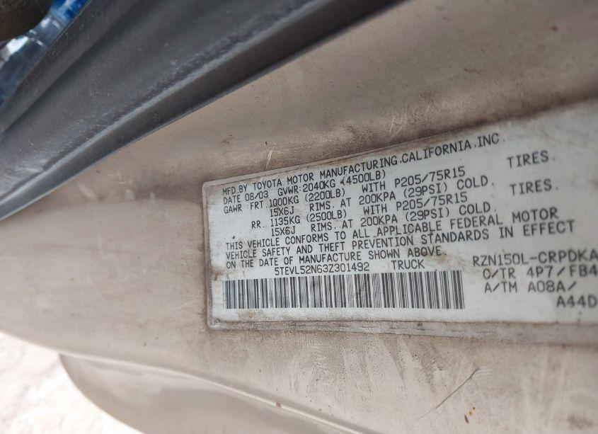 Photo 9 of 2003 Toyota Tacoma N/A (VIN 5TEVL52N63Z301492)