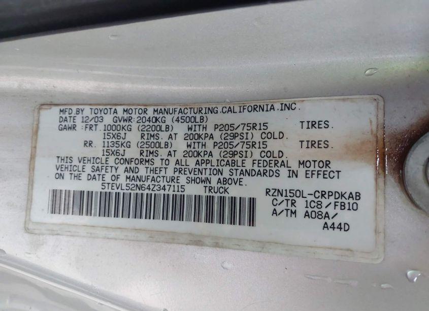 Photo 9 of 2004 Toyota Tacoma (VIN 5TEVL52N64Z347115)
