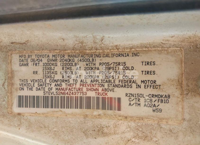 Photo 9 of 2004 Toyota Tacoma (VIN 5TEVL52N64Z437753)
