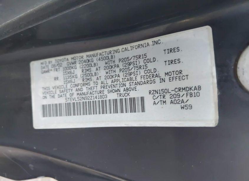 Photo 9 of 2002 Toyota Tacoma (VIN 5TEVL52N92Z141803)