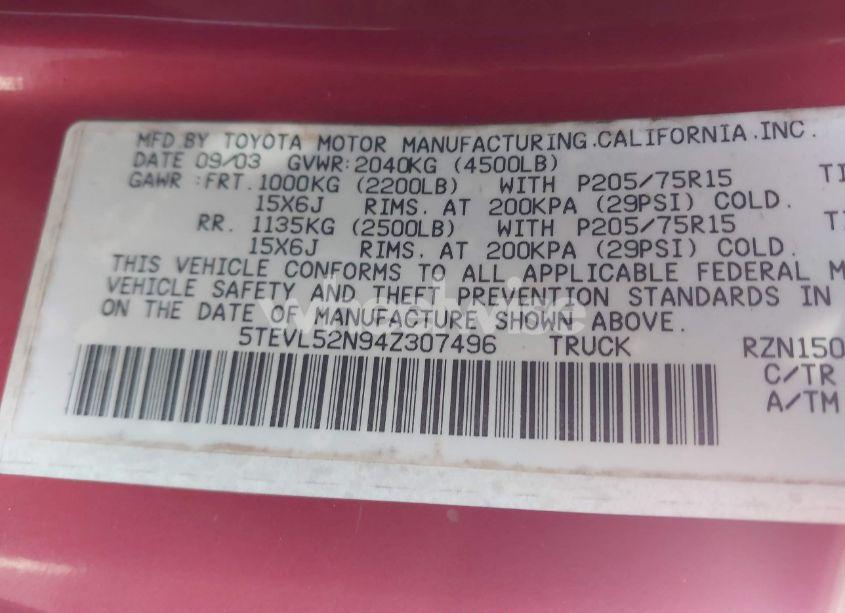 Photo 9 of 2004 Toyota Tacoma (VIN 5TEVL52N94Z307496)
