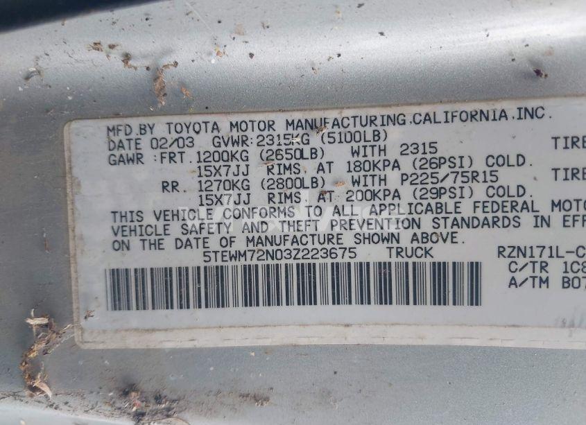 Photo 9 of 2003 Toyota Tacoma XTRACAB (VIN 5TEWM72N03Z223675)