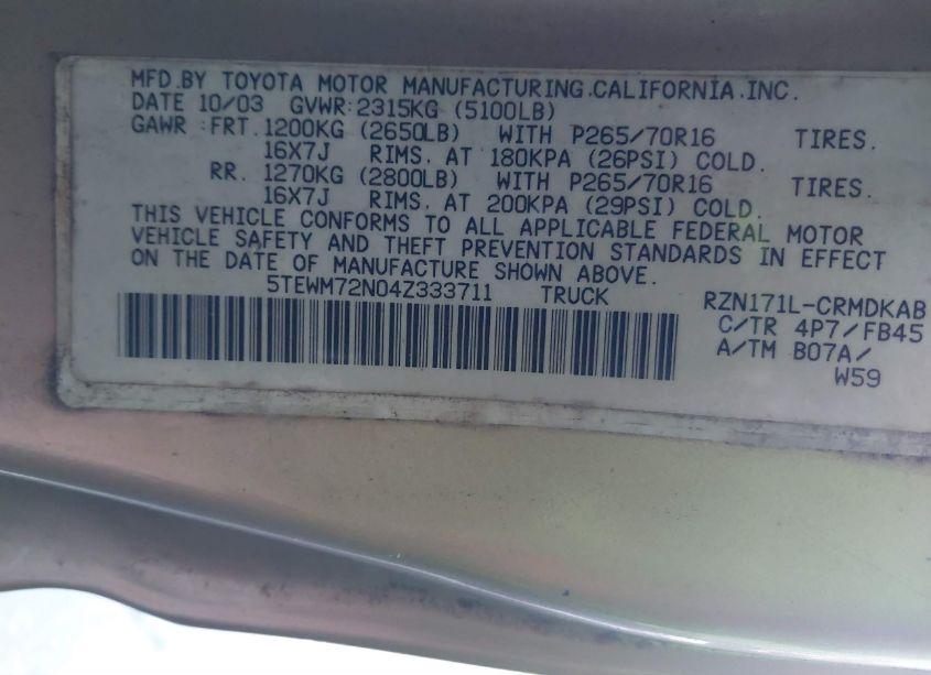 Photo 9 of 2004 Toyota Tacoma (VIN 5TEWM72N04Z333711)
