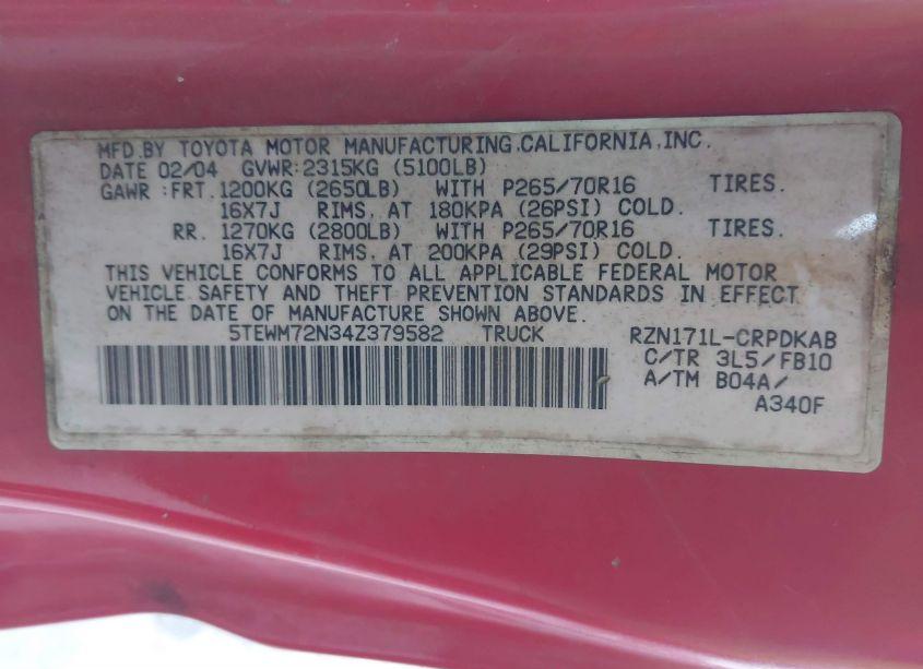 Photo 9 of 2004 Toyota Tacoma N/A (VIN 5TEWM72N34Z379582)