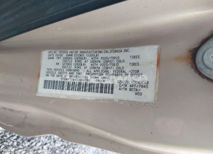 Photo 9 of 2002 Toyota Tacoma (VIN 5TEWM72N42Z094788)