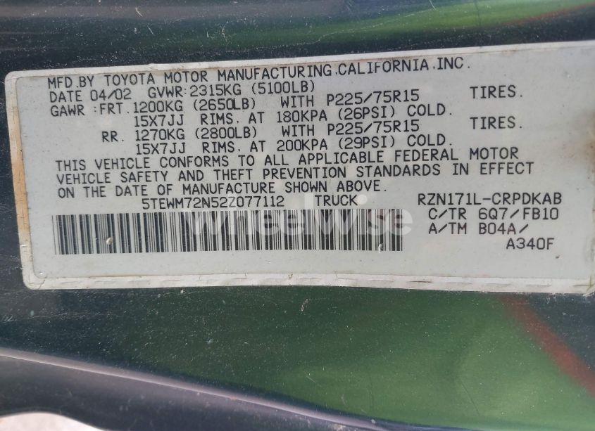 Photo 9 of 2002 Toyota Tacoma (VIN 5TEWM72N52Z077112)