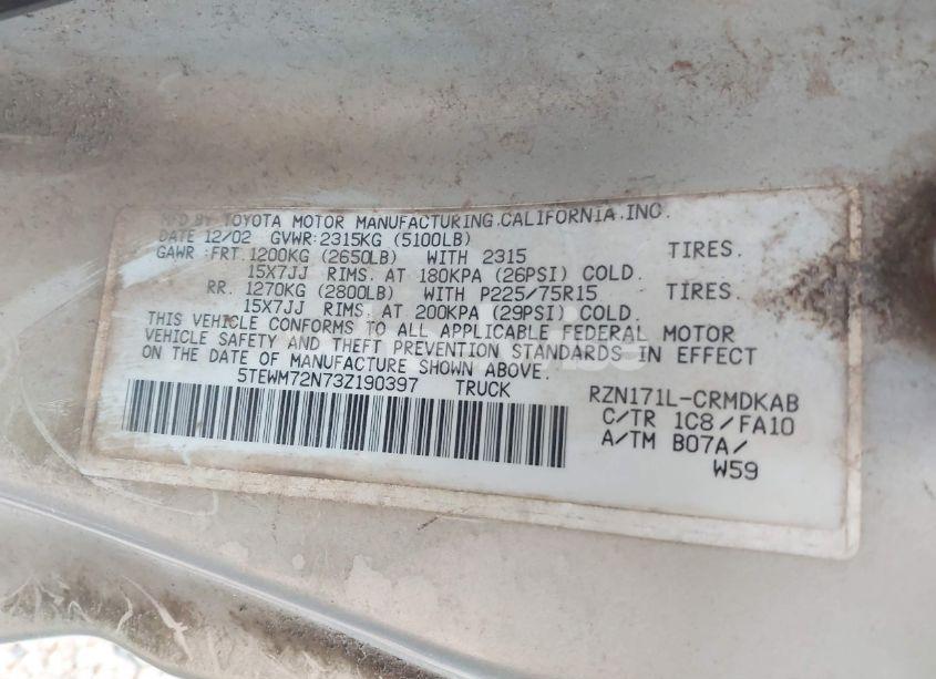 Photo 9 of 2003 Toyota Tacoma (VIN 5TEWM72N73Z190397)