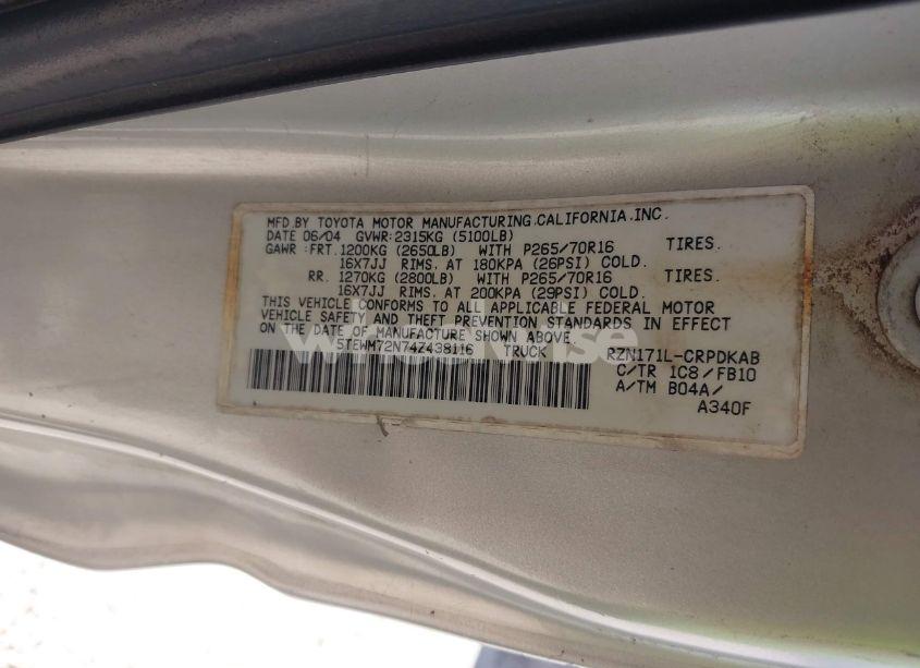Photo 9 of 2004 Toyota Tacoma (VIN 5TEWM72N74Z438116)