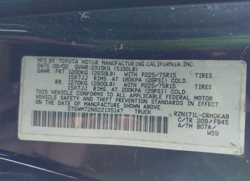 Photo 9 of 2002 Toyota Tacoma (VIN 5TEWM72N82Z135147)