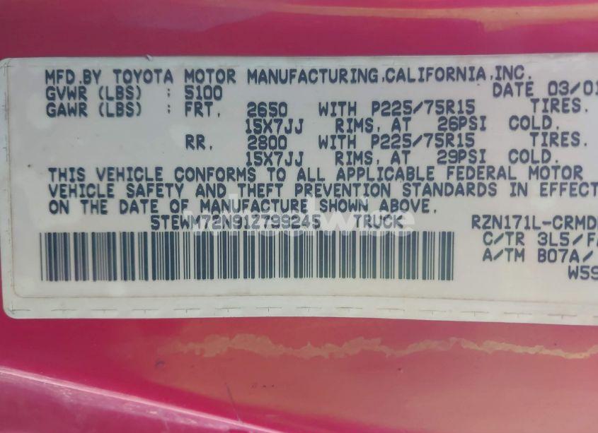 Photo 9 of 2001 Toyota Tacoma BASE (M5) (VIN 5TEWM72N91Z799245)