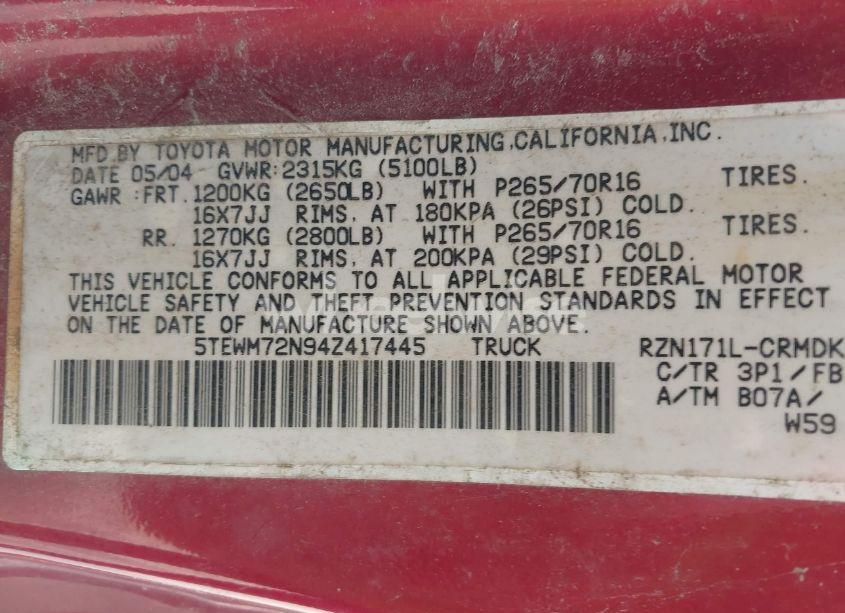 Photo 9 of 2004 Toyota Tacoma (VIN 5TEWM72N94Z417445)