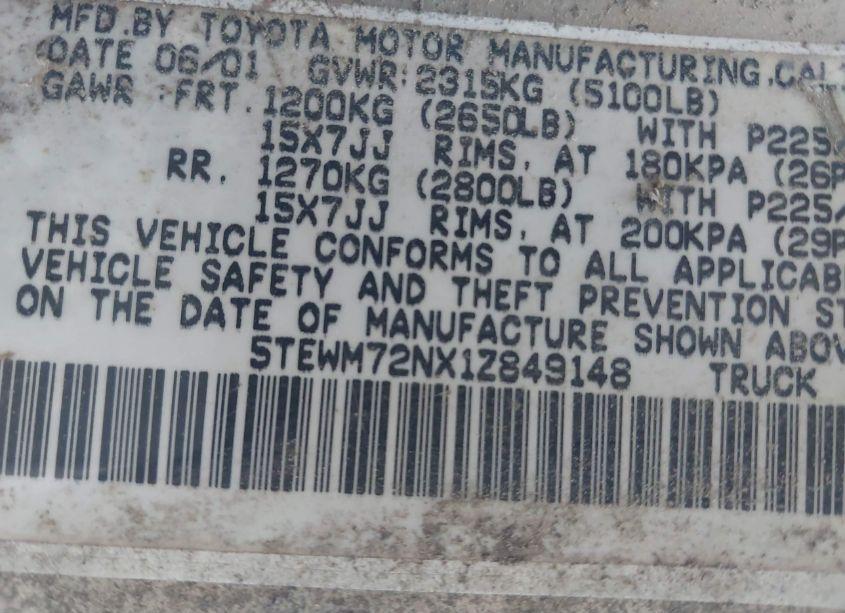 Photo 9 of 2001 Toyota Tacoma (VIN 5TEWM72NX1Z849148)