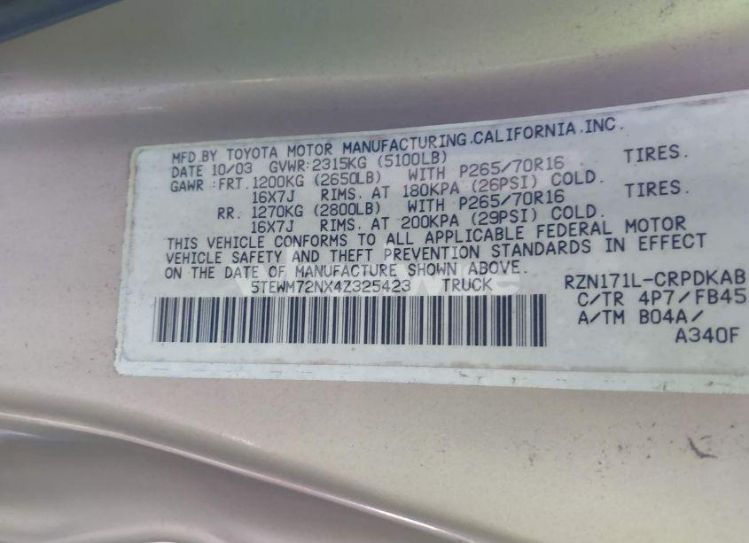 Photo 9 of 2004 Toyota Tacoma (VIN 5TEWM72NX4Z325423)