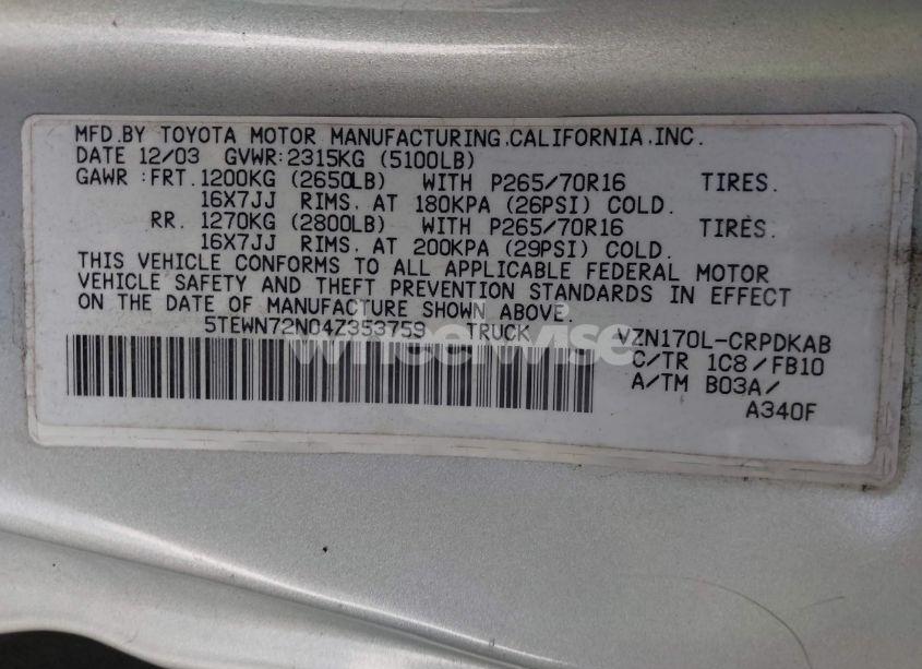 Photo 9 of 2004 Toyota Tacoma BASE V6 (VIN 5TEWN72N04Z353759)