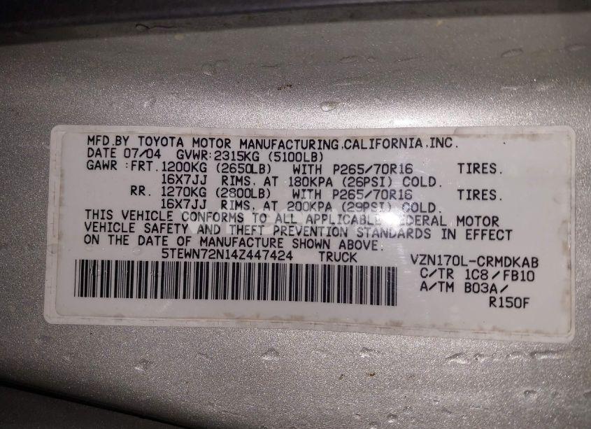 Photo 9 of 2004 Toyota Tacoma BASE V6 (VIN 5TEWN72N14Z447424)