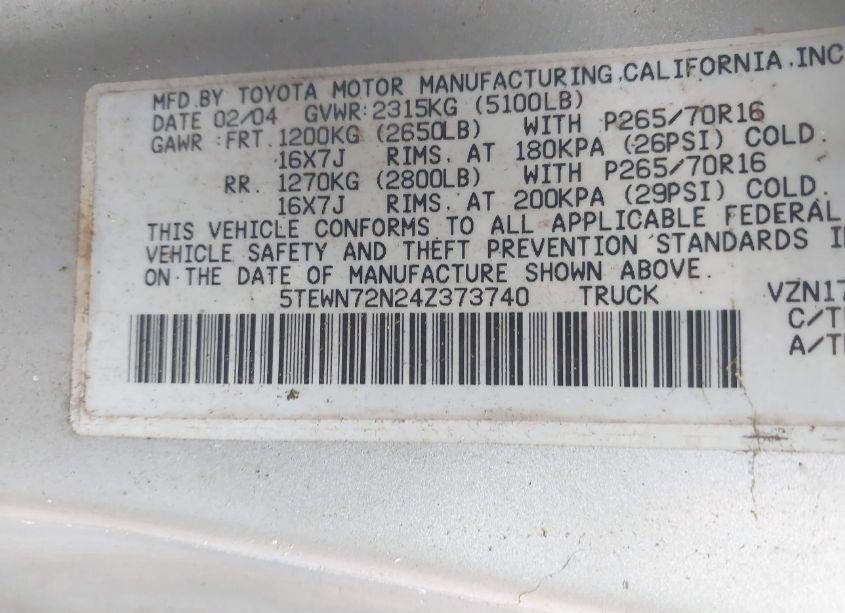 Photo 9 of 2004 Toyota Tacoma BASE V6 (VIN 5TEWN72N24Z373740)