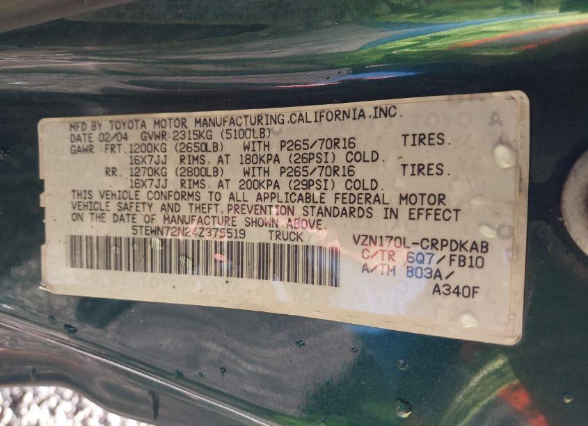 Photo 9 of 2004 Toyota Tacoma BASE V6 (VIN 5TEWN72N24Z375519)