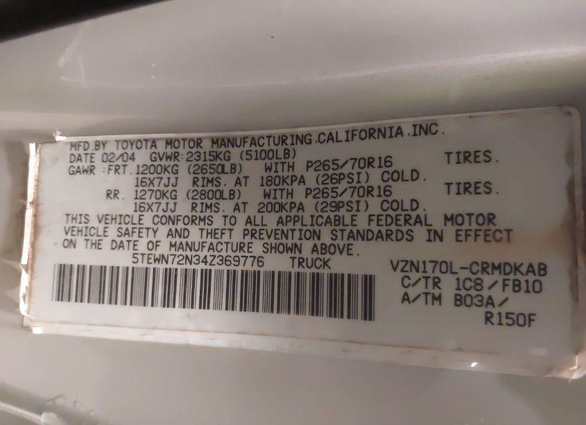 Photo 9 of 2004 Toyota Tacoma BASE V6 (VIN 5TEWN72N34Z369776)