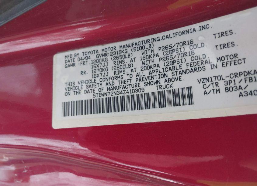 Photo 9 of 2004 Toyota Tacoma BASE V6 (VIN 5TEWN72N34Z410309)