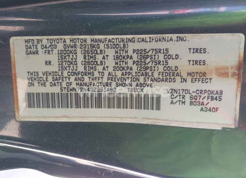 Photo 9 of 2003 Toyota Tacoma BASE V6 (VIN 5TEWN72N43Z251492)