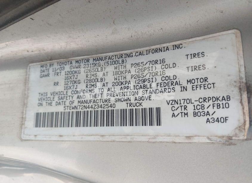 Photo 9 of 2004 Toyota Tacoma BASE V6 (VIN 5TEWN72N44Z342540)
