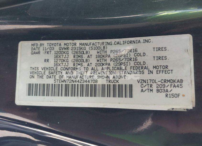 Photo 9 of 2004 Toyota Tacoma BASE V6 (VIN 5TEWN72N44Z344708)