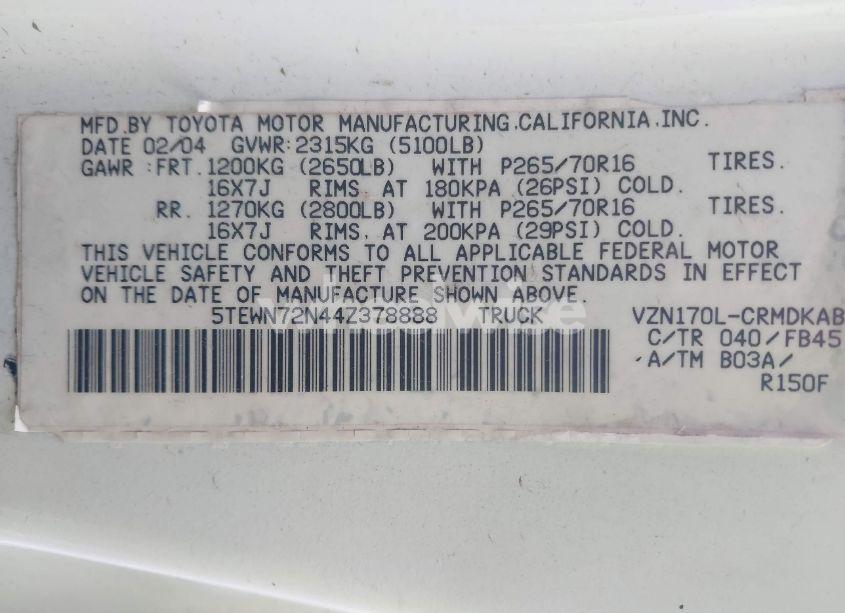 Photo 9 of 2004 Toyota Tacoma BASE V6 (VIN 5TEWN72N44Z378888)