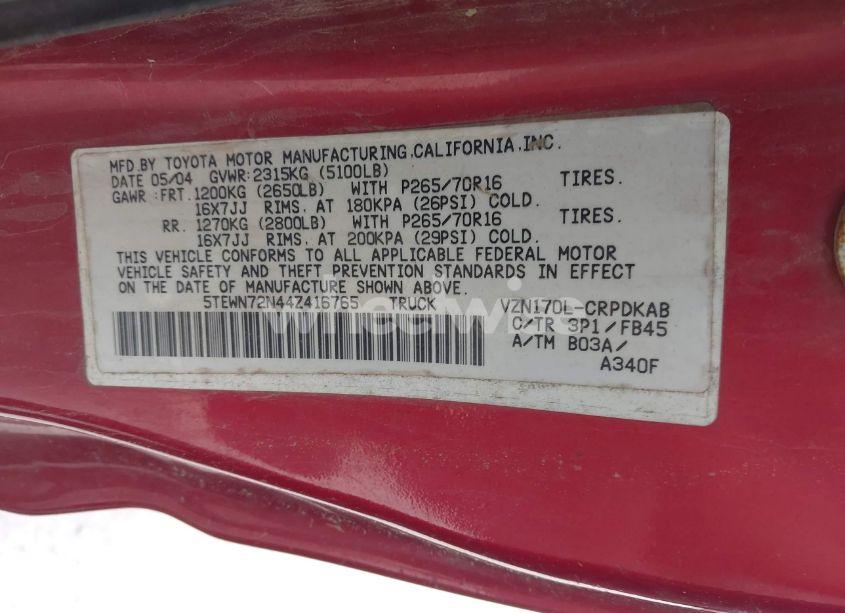 Photo 9 of 2004 Toyota Tacoma BASE V6 (VIN 5TEWN72N44Z416765)
