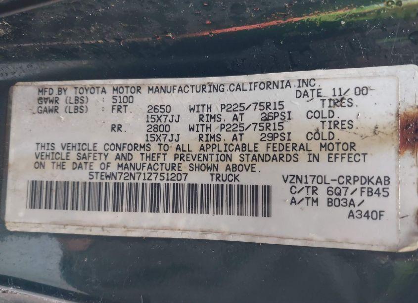 Photo 9 of 2001 Toyota Tacoma BASE V6 (VIN 5TEWN72N71Z751207)