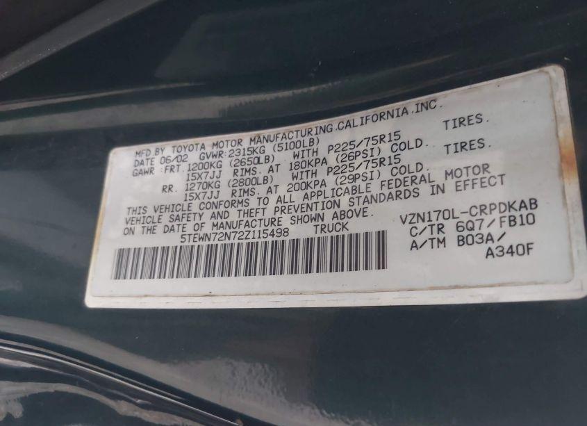 Photo 9 of 2002 Toyota Tacoma BASE V6 (VIN 5TEWN72N72Z115498)