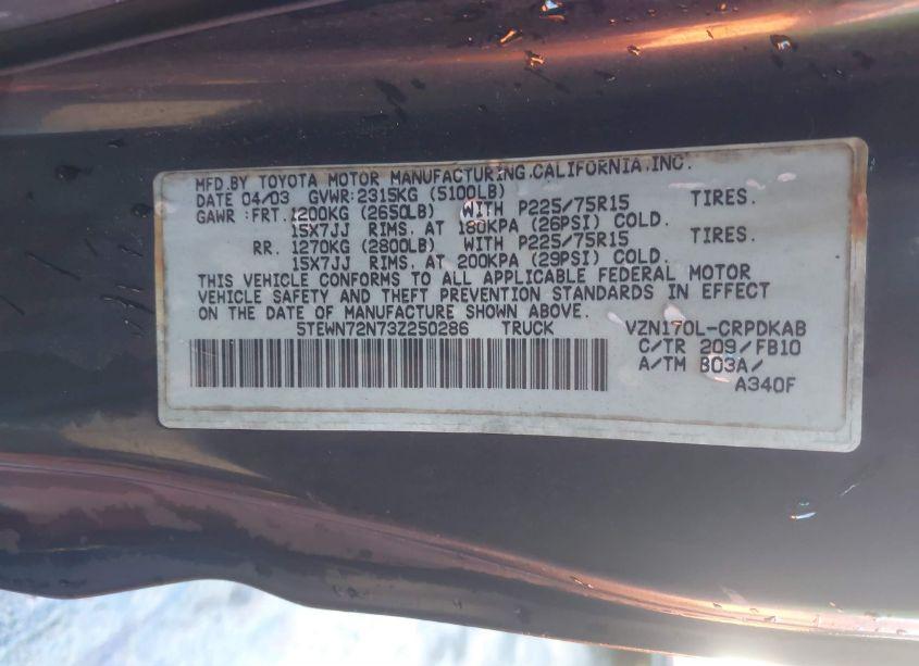 Photo 9 of 2003 Toyota Tacoma BASE V6 (VIN 5TEWN72N73Z250286)