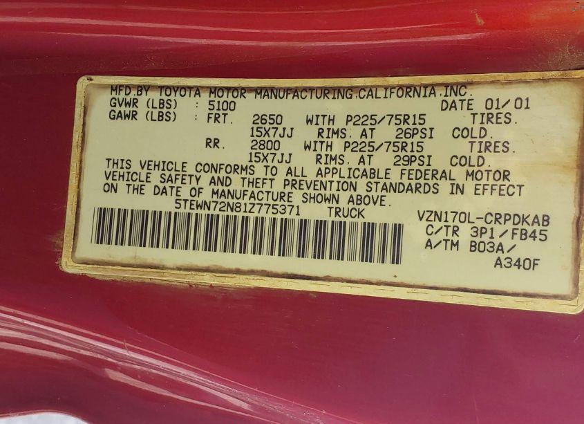 Photo 9 of 2001 Toyota Tacoma BASE V6 (A4) (VIN 5TEWN72N81Z775371)