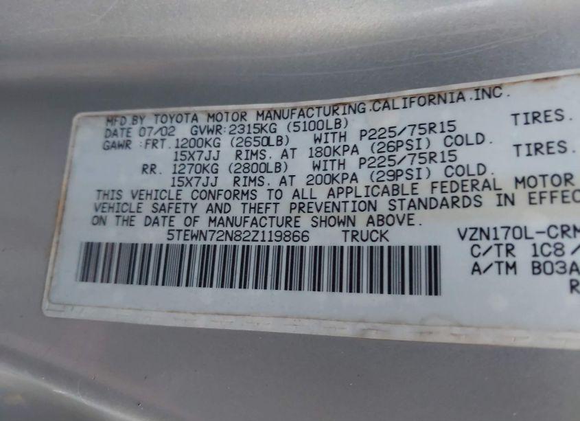 Photo 9 of 2002 Toyota Tacoma BASE V6 (VIN 5TEWN72N82Z119866)