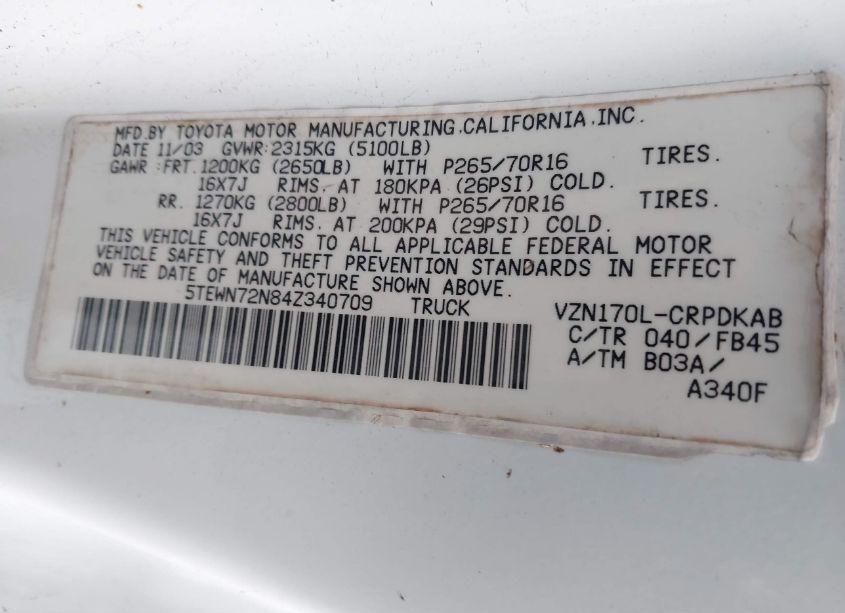 Photo 9 of 2004 Toyota Tacoma BASE V6 (VIN 5TEWN72N84Z340709)