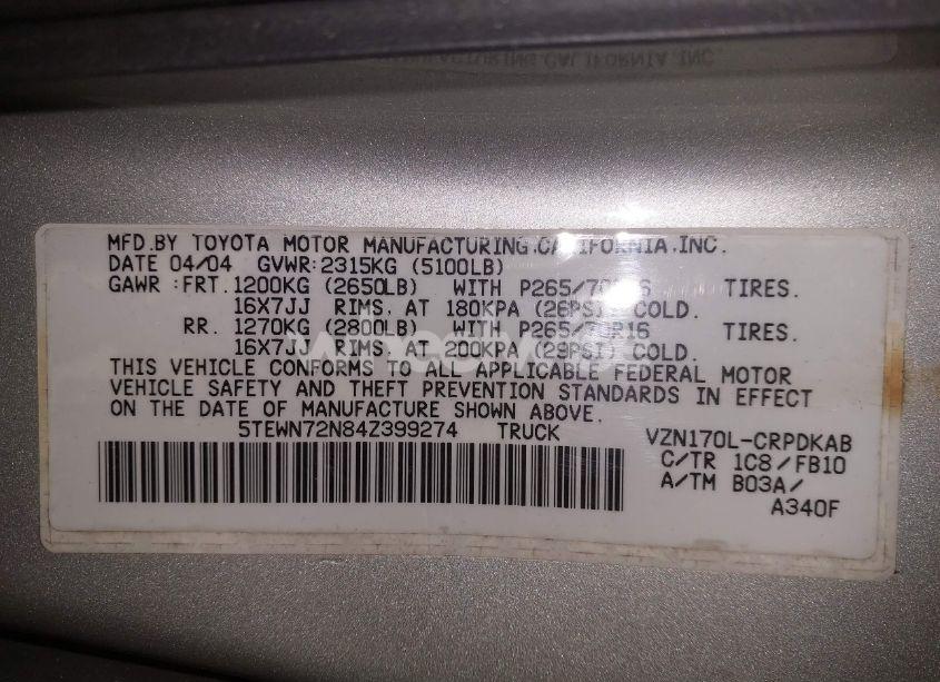 Photo 9 of 2004 Toyota Tacoma BASE V6 (VIN 5TEWN72N84Z399274)