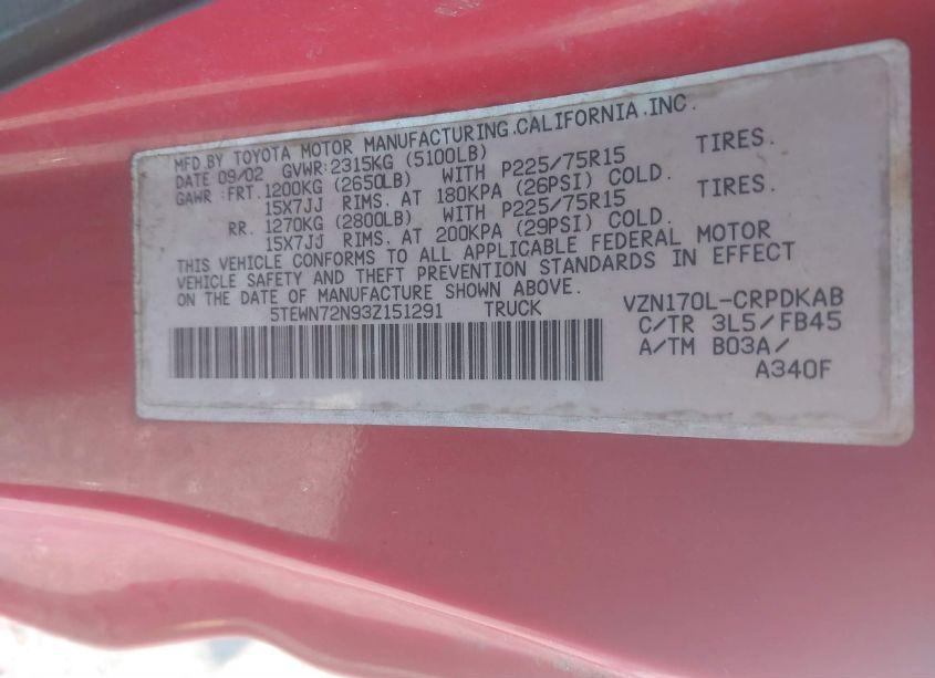 Photo 9 of 2003 Toyota Tacoma BASE V6 (VIN 5TEWN72N93Z151291)