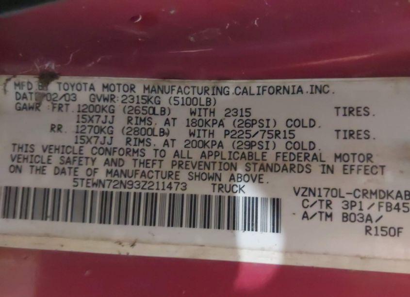 Photo 9 of 2003 Toyota Tacoma BASE V6 (VIN 5TEWN72N93Z211473)