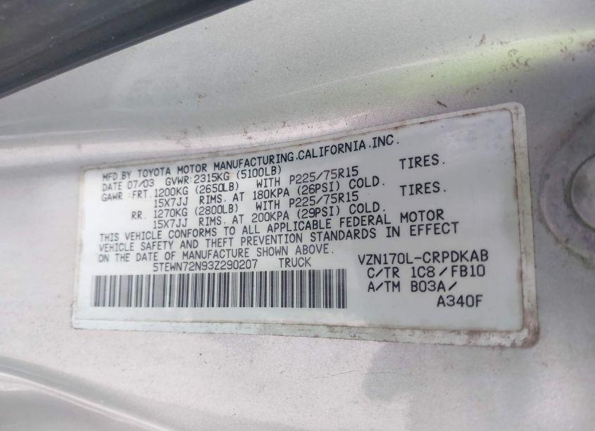 Photo 9 of 2003 Toyota Tacoma BASE V6 (VIN 5TEWN72N93Z290207)