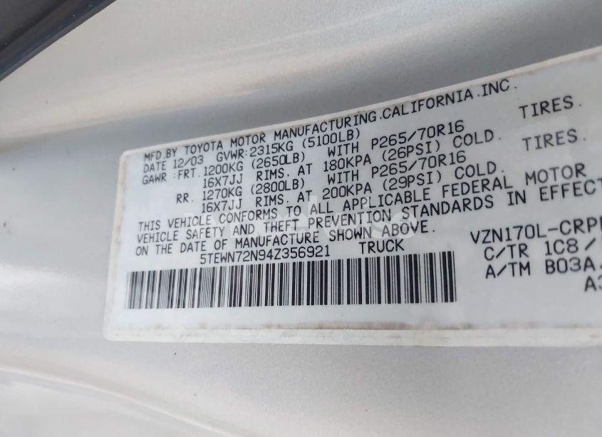Photo 9 of 2004 Toyota Tacoma BASE V6 (VIN 5TEWN72N94Z356921)