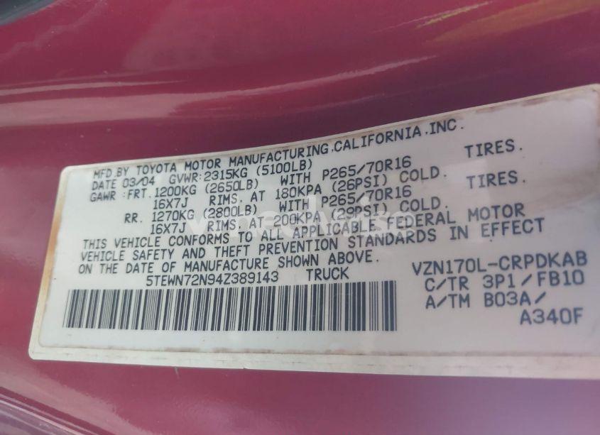 Photo 9 of 2004 Toyota Tacoma BASE V6 (VIN 5TEWN72N94Z389143)