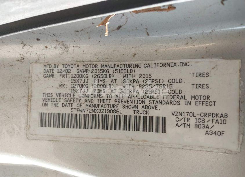 Photo 9 of 2003 Toyota Tacoma BASE V6 (VIN 5TEWN72NX3Z190861)