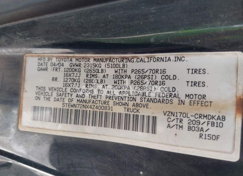 Photo 9 of 2004 Toyota Tacoma BASE V6 (VIN 5TEWN72NX4Z400831)
