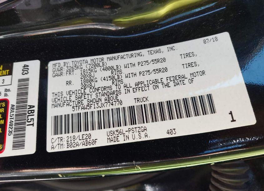 Photo 9 of 2018 Toyota Tundra PLATINUM 5.7L V8 (VIN 5TFAW5F13JX774770)