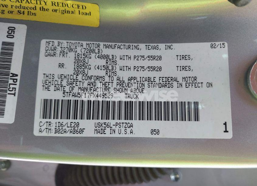 Photo 9 of 2015 Toyota Tundra PLATINUM 5.7L V8 (VIN 5TFAW5F17FX449529)