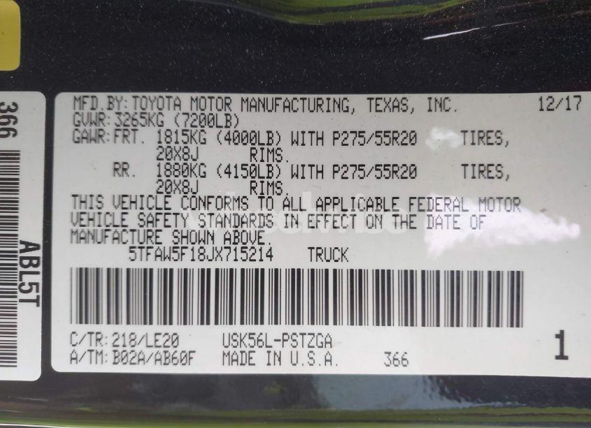 Photo 9 of 2018 Toyota Tundra PLATINUM 5.7L V8 (VIN 5TFAW5F18JX715214)