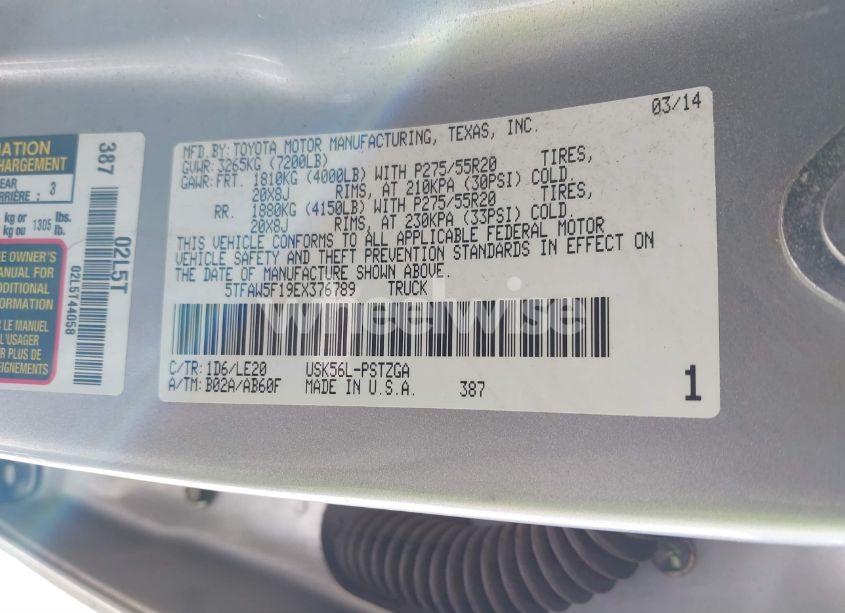 Photo 9 of 2014 Toyota Tundra PLATINUM 5.7L V8 (VIN 5TFAW5F19EX376789)